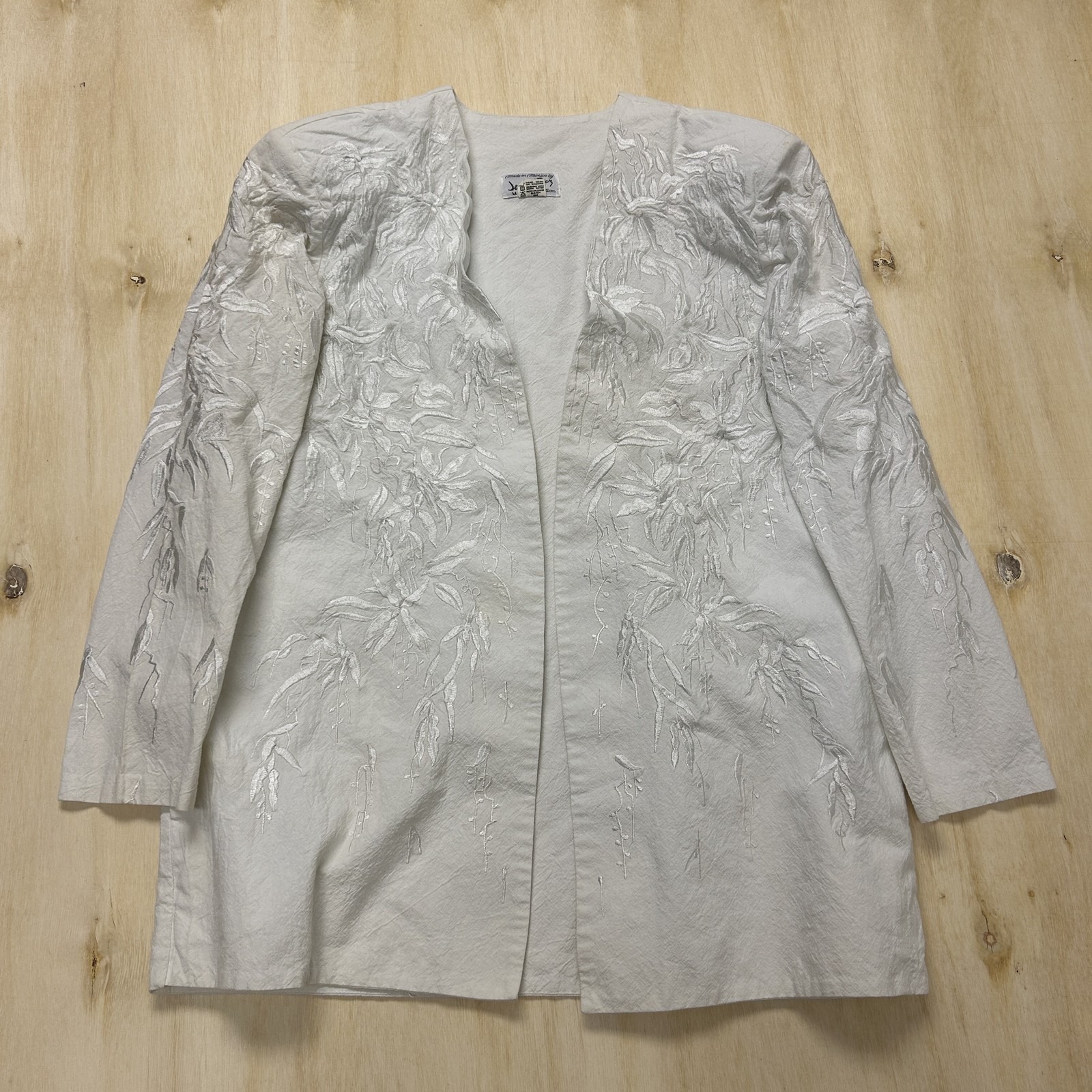 Jeris Alvarez Jacket Womens Medium White Embroidered Floral Open Front Blazer